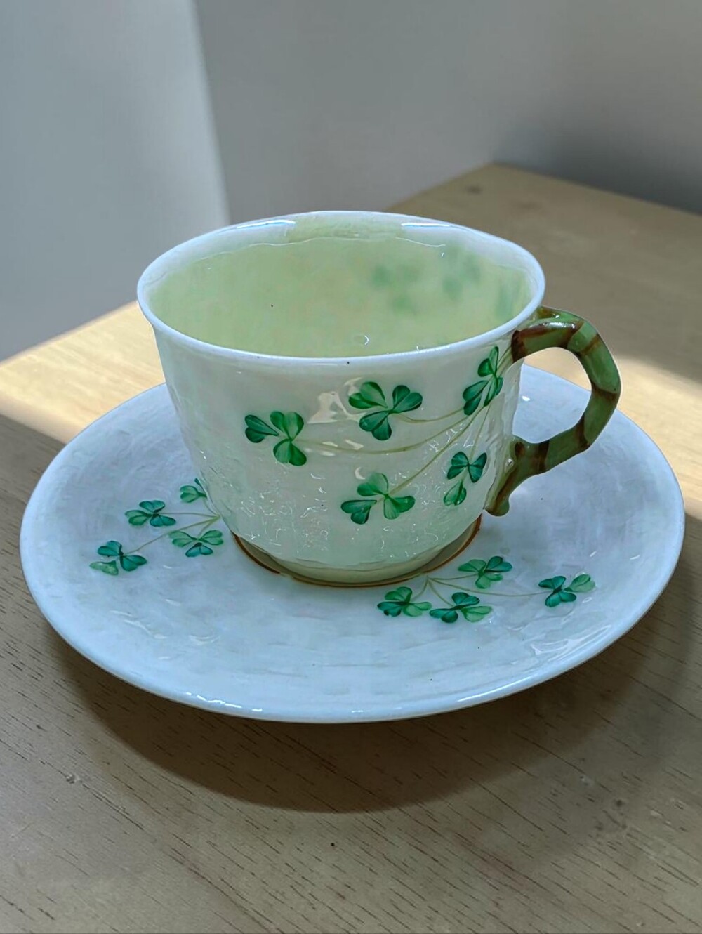 Belleek Pottery Shamrock Flat Cup & Saucer Set Made in Ireland Porcelain